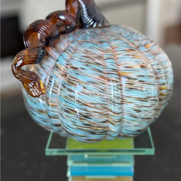 Glass Pumpkin Sculpture - Blue and Brown - Picture 3 of 3